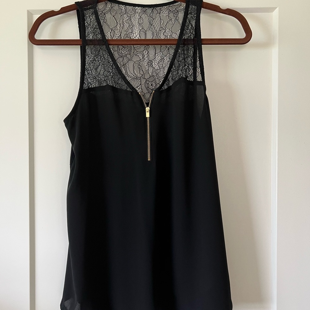 Express Brand Black Lace Tank Top with Gold Zipper
